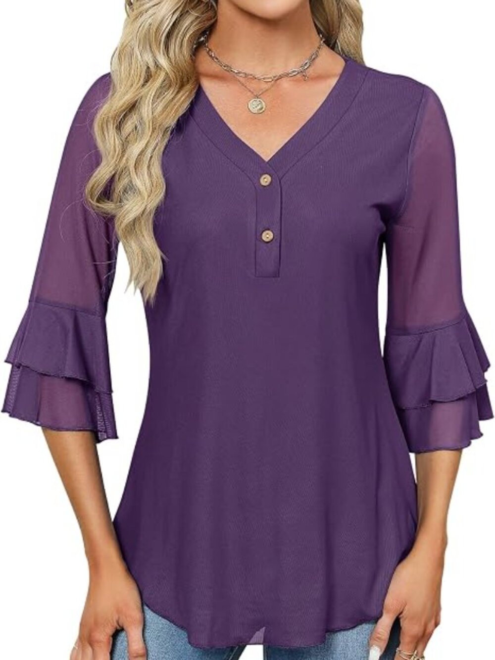 Women's Purple V-Neck Ruffle Sleeve Top